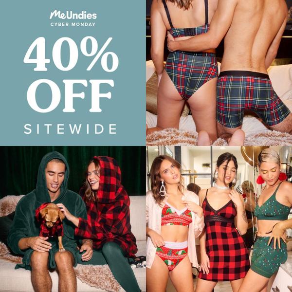 A split-screen composition featuring couples and friends in coordinated, festive-patterned underwear to promote a sitewide discount.